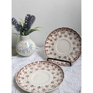 Vintage Spode Copeland Fleur De Lis Saucers Set of 2 Brown Transferware England